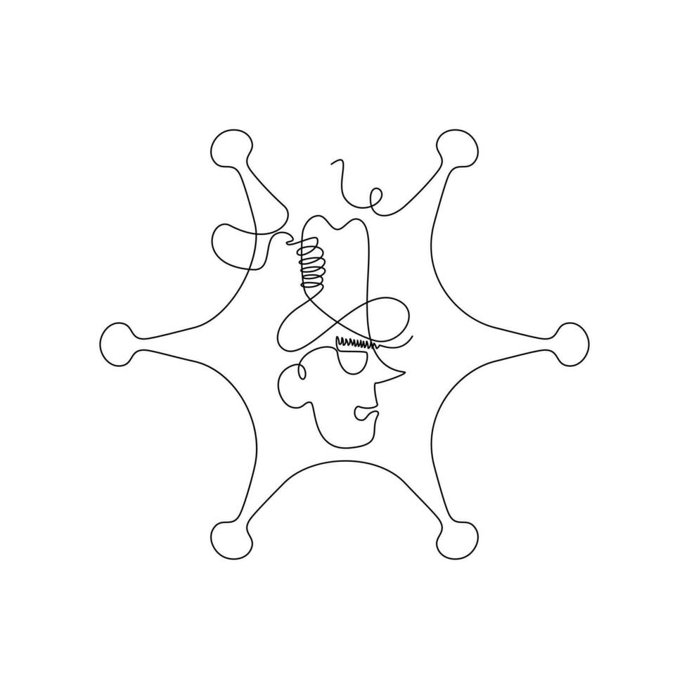 star emblem and cowboy face illustration in continuous line art style. used for decoration, poster and print. black line sketch on white background vector