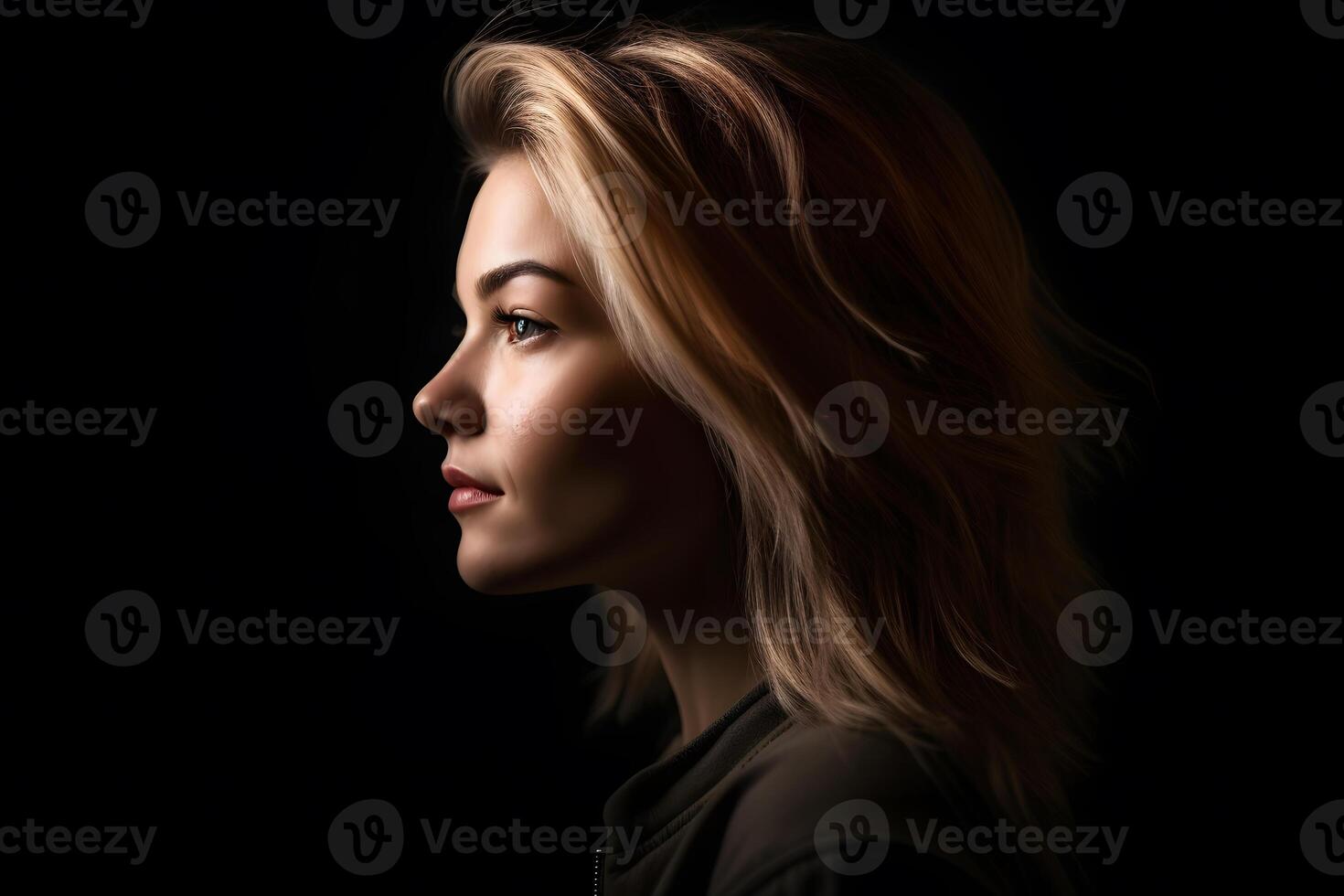 Portrait of a blonde girl on a dark background. Neural network photo