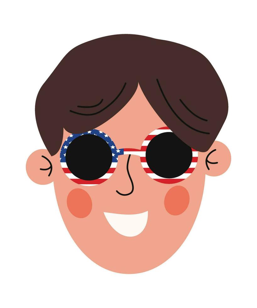 contento hombre usa lentes con americano bandera vector ilustración