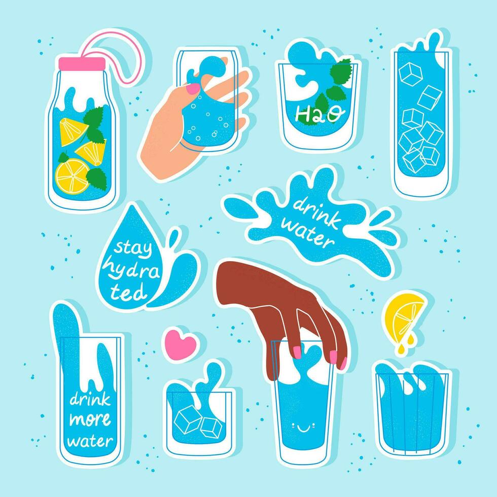 bebida más agua pegatinas conjunto vector ilustración