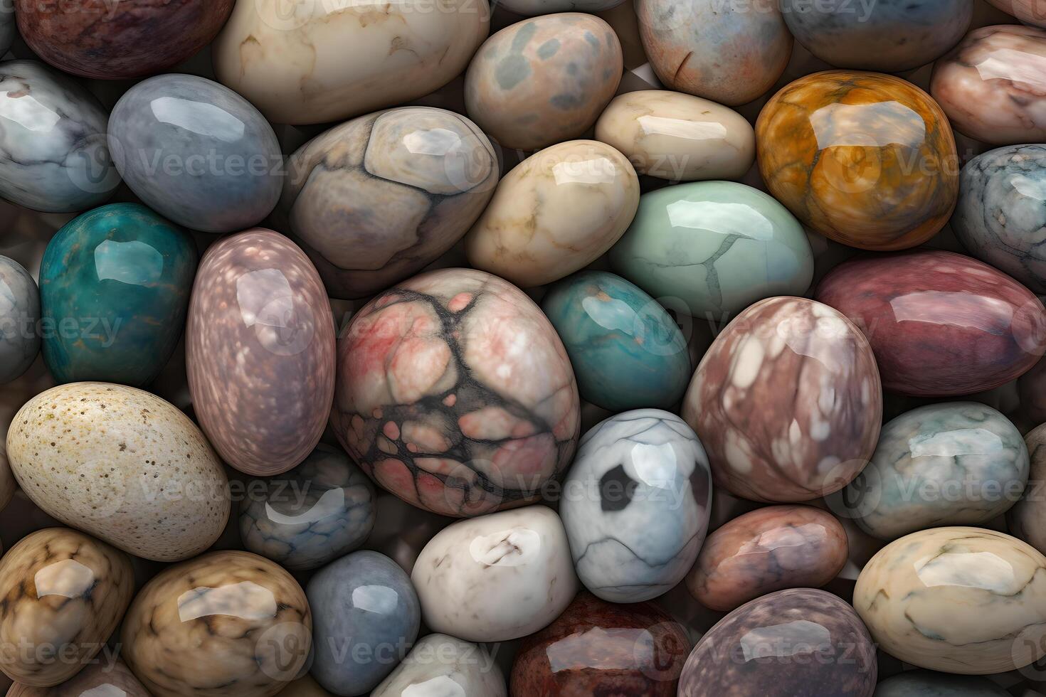 Multi colored stones turned by the sea with water. Neural network photo