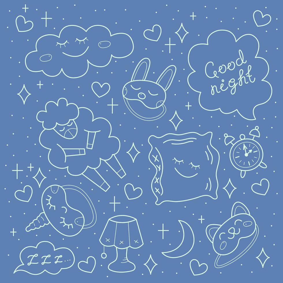 Big set bedtime. Doodle color vector illustration.