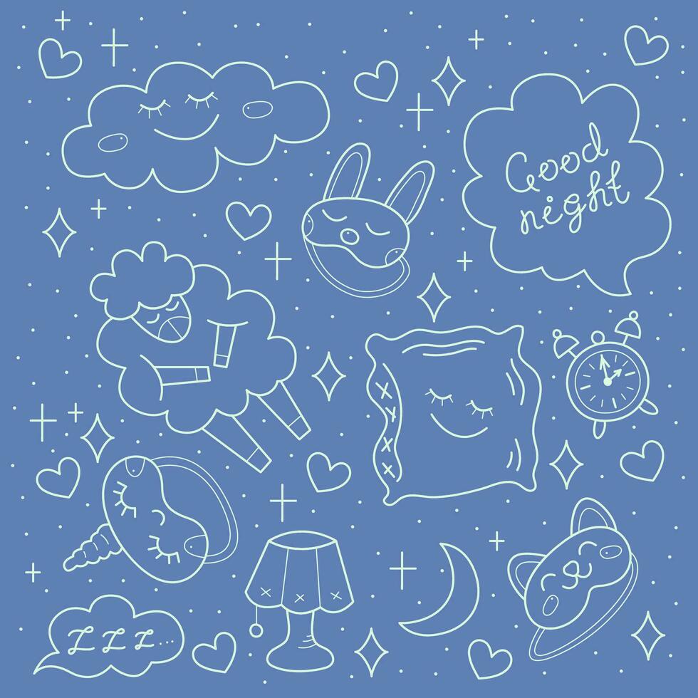 Big set bedtime. Doodle color vector illustration.