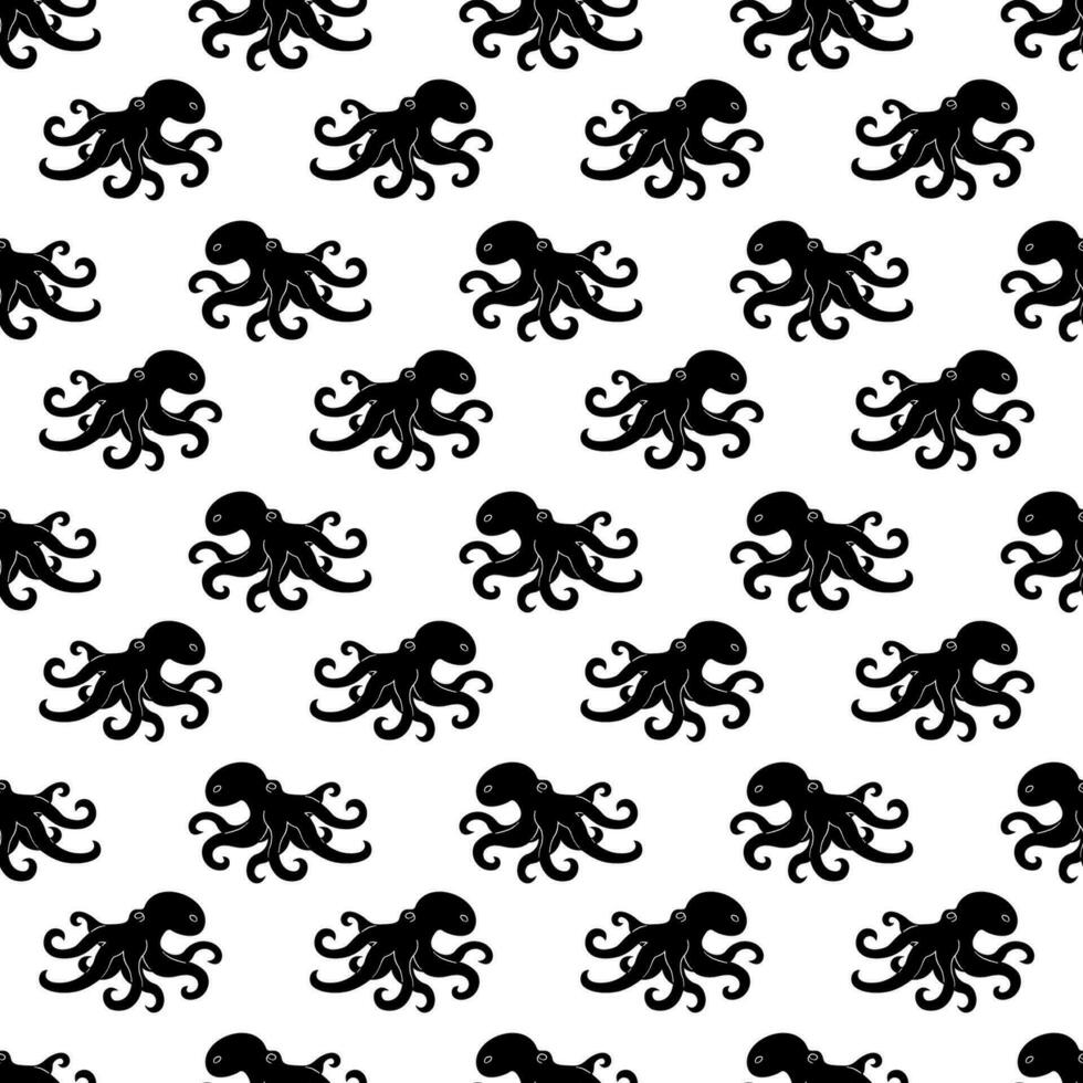 Seamless pattern with octopus silhouette.  Doodle black and white vector illustration.