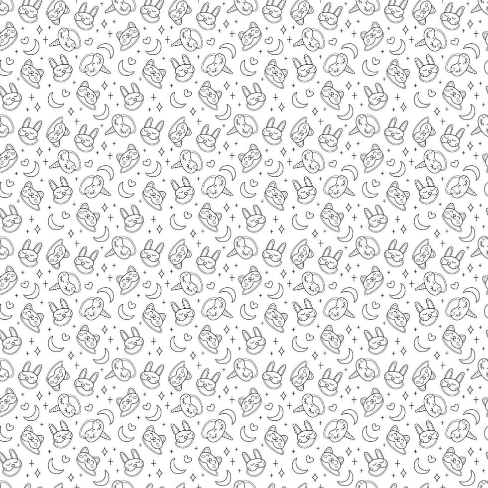 Seamless pattern with three different night animal masks. Doodle black and white vector illustration.