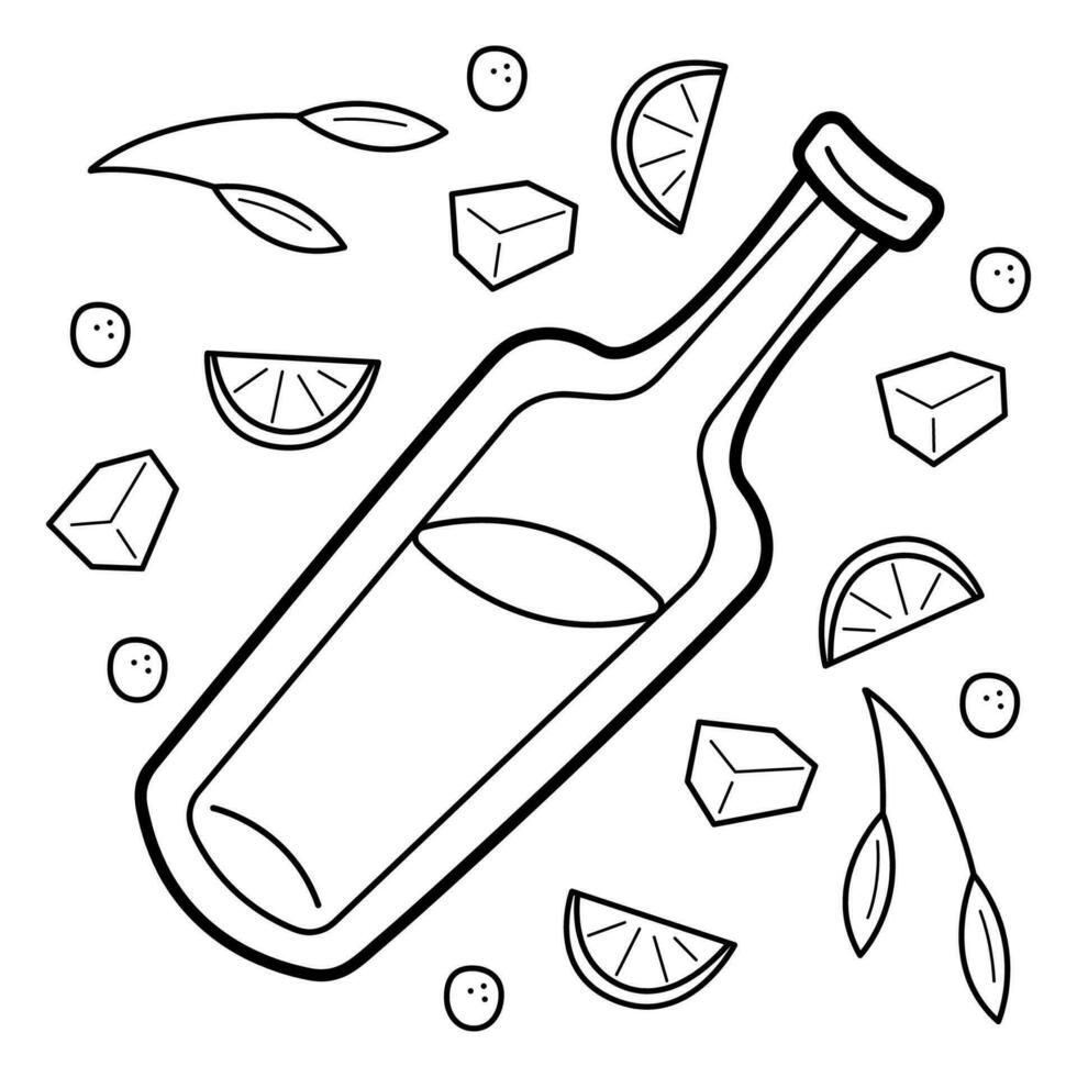 Cold drink bottle surrounded by ice cubes and citrus pieces. Doodle black and white vector illustration.