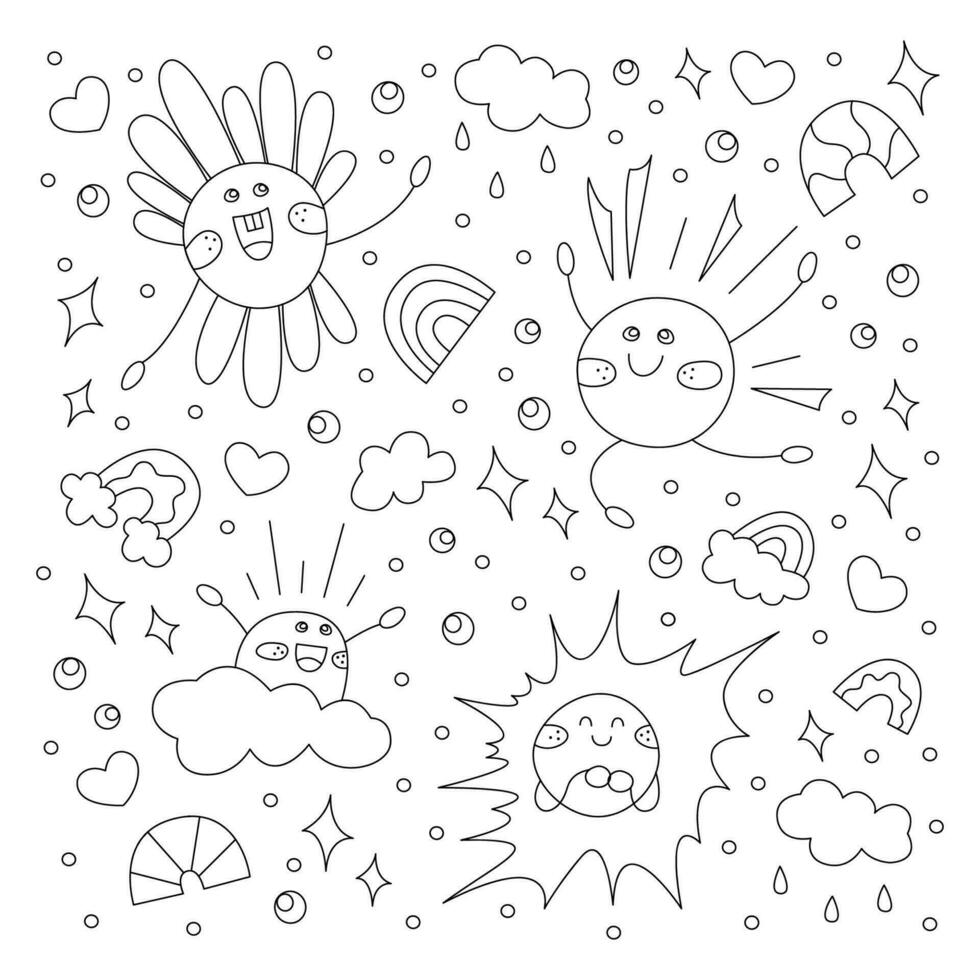 A set with cute sun characters, as well as clouds and rainbows. Doodle black and white vector illustration.