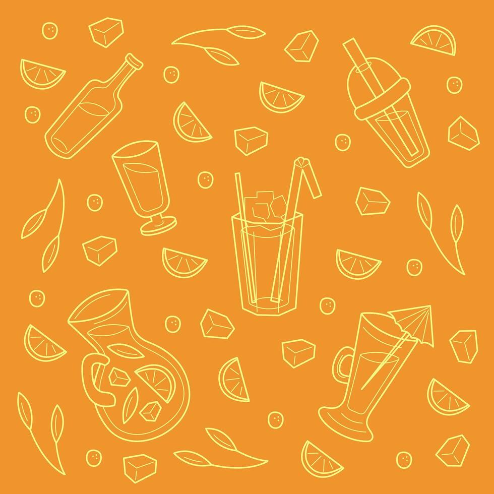 Set with cold drinks in different containers. Doodle color vector illustration.