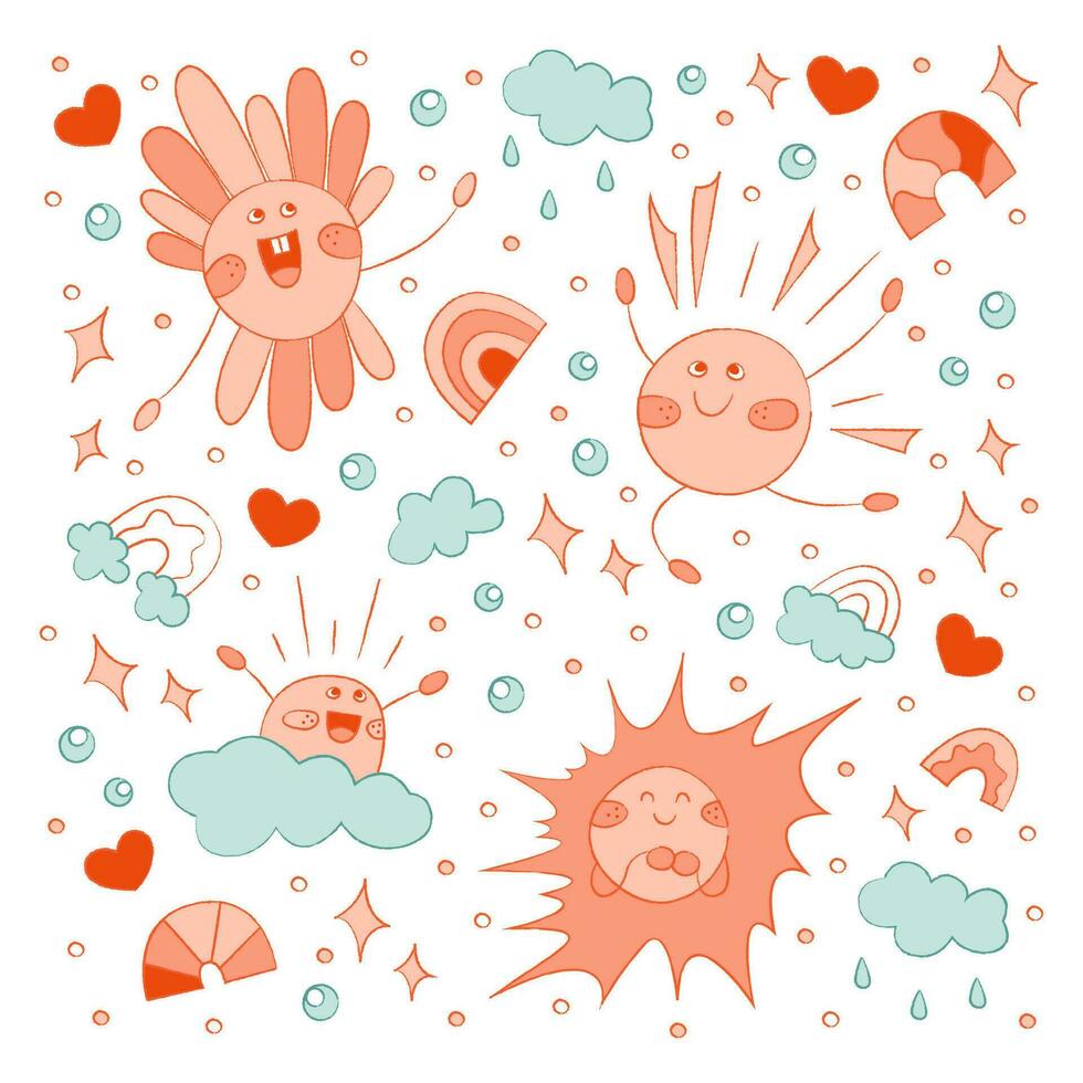 A set with cute sun characters, as well as clouds and rainbows. Doodle color vector illustration.