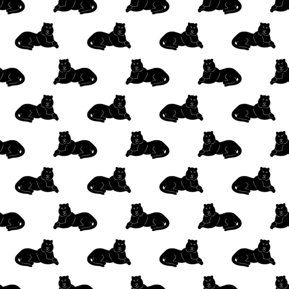 Seamless pattern with lying tiger silhouette. Doodle black and white vector illustration.