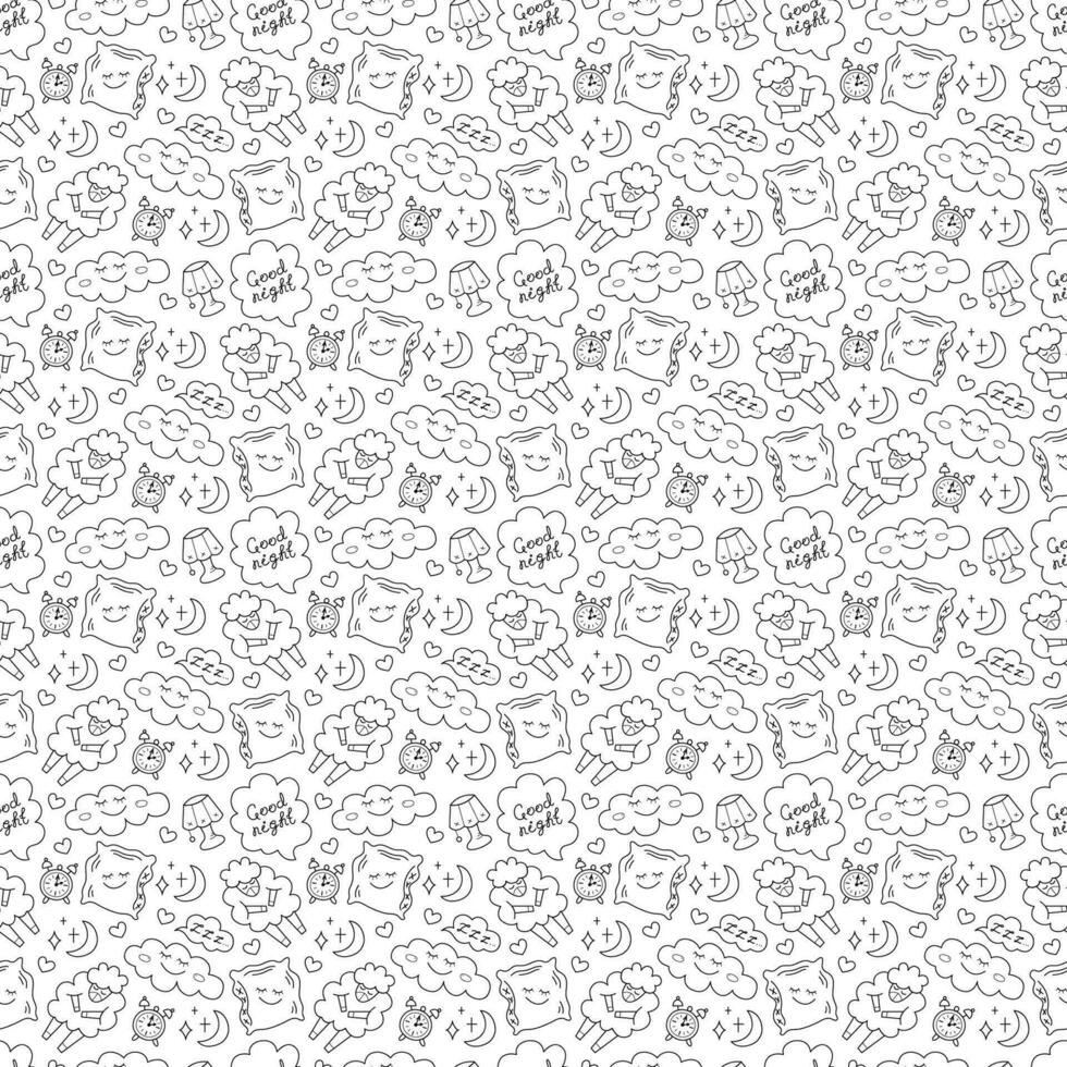Seamless pattern with things about bedtime. Doodle black and white vector illustration.