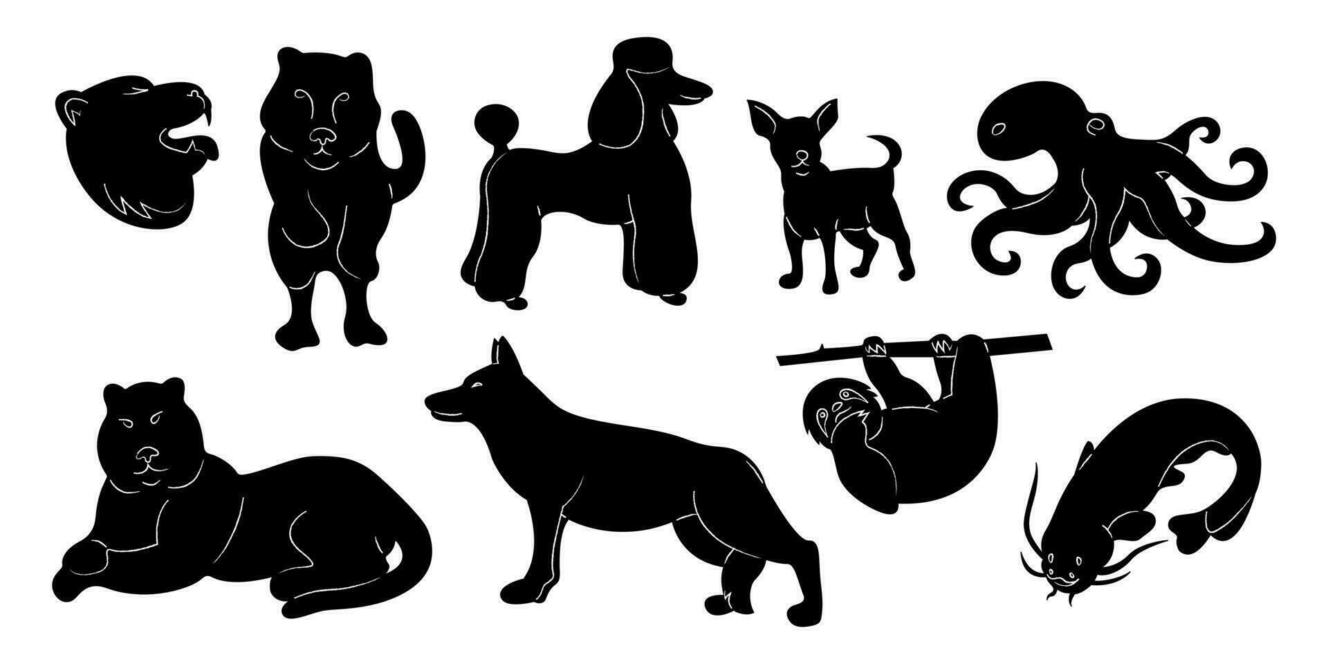 grande conjunto de 8 diferente animales garabatear negro y blanco vector ilustración.