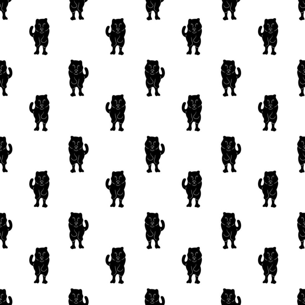 Seamless pattern with jumping tiger silhouette. Doodle black and white vector illustration.