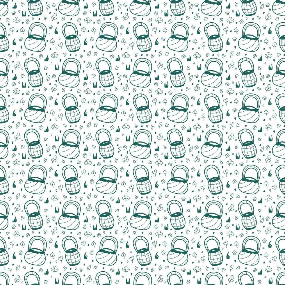 Seamless pattern with green abstract baskets on white background. Doodle vector color illustration.