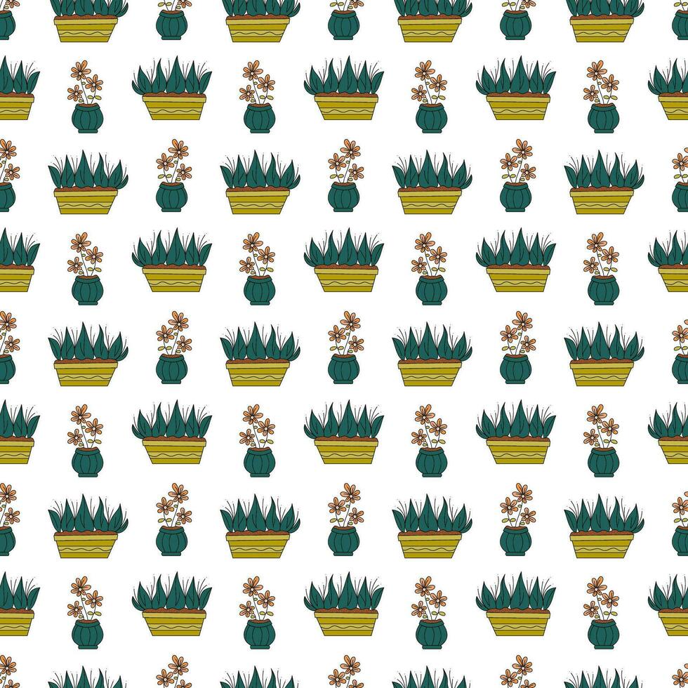 Seamless pattern with two pots for flowers. Doodle color vector illustration.