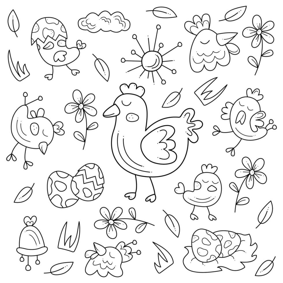 Big set with chickens. Doodle white and black illustration. vector