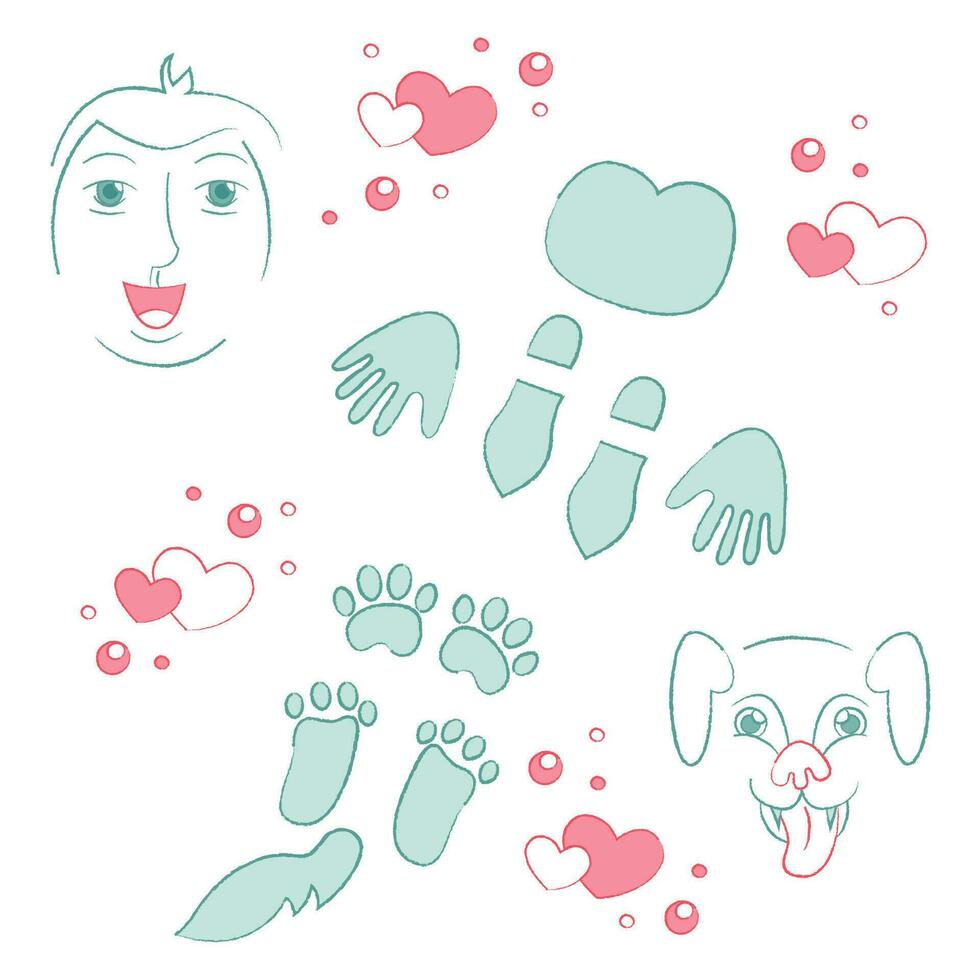 Set with human and dog footprints, human face, dog muzzle. Doodle color vector illustration.