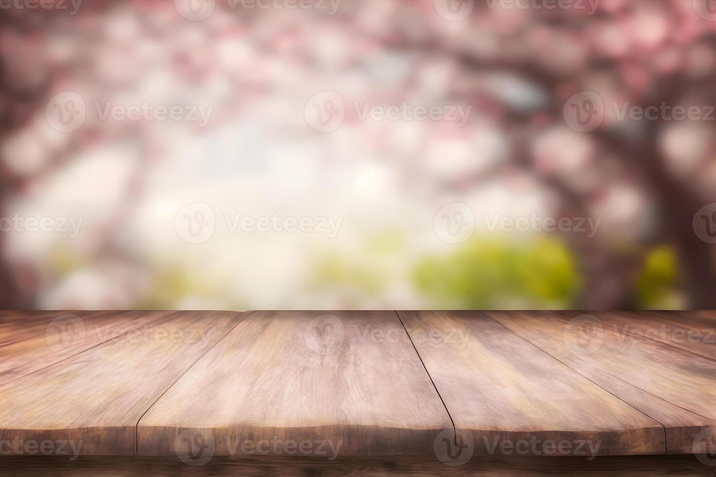 Spring seasonal of pink sakura branch with wooden table stand, flower background. Neural network photo