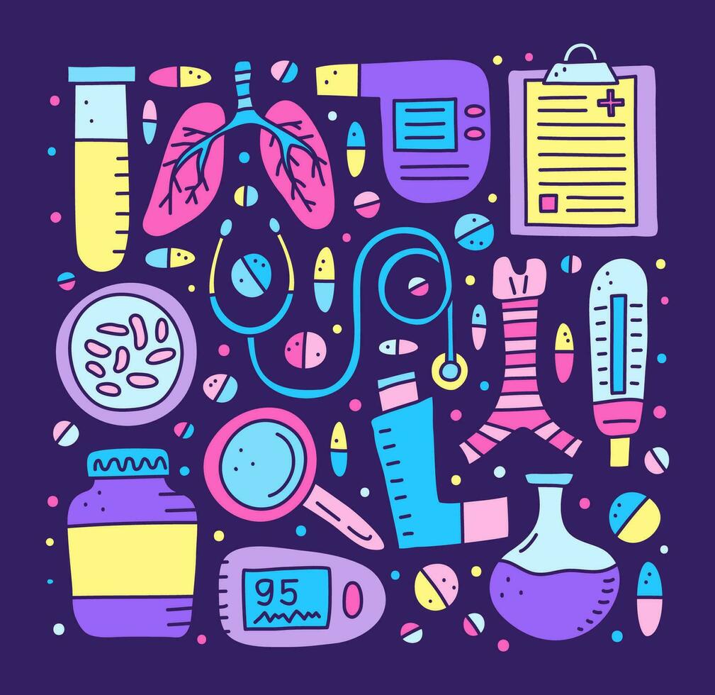 Set of doodle colorful pulmonology items. vector