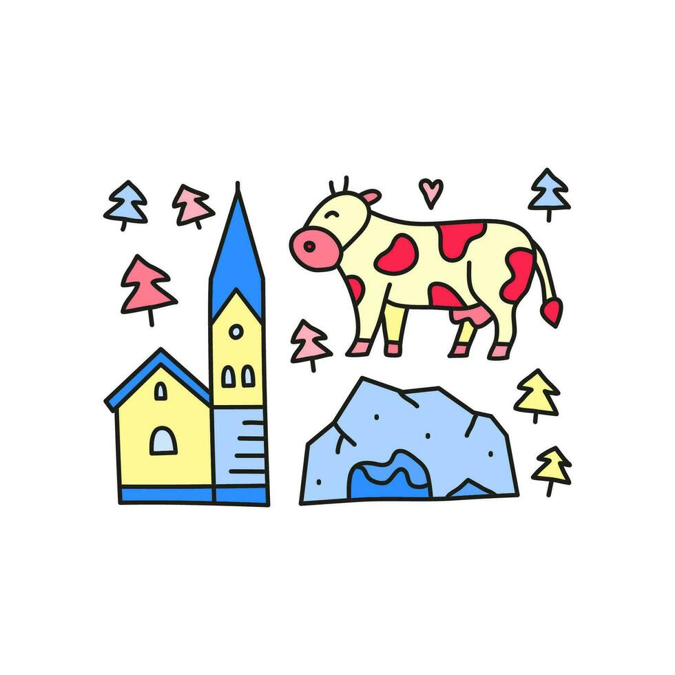 Group of doodle colored Austria icons. vector