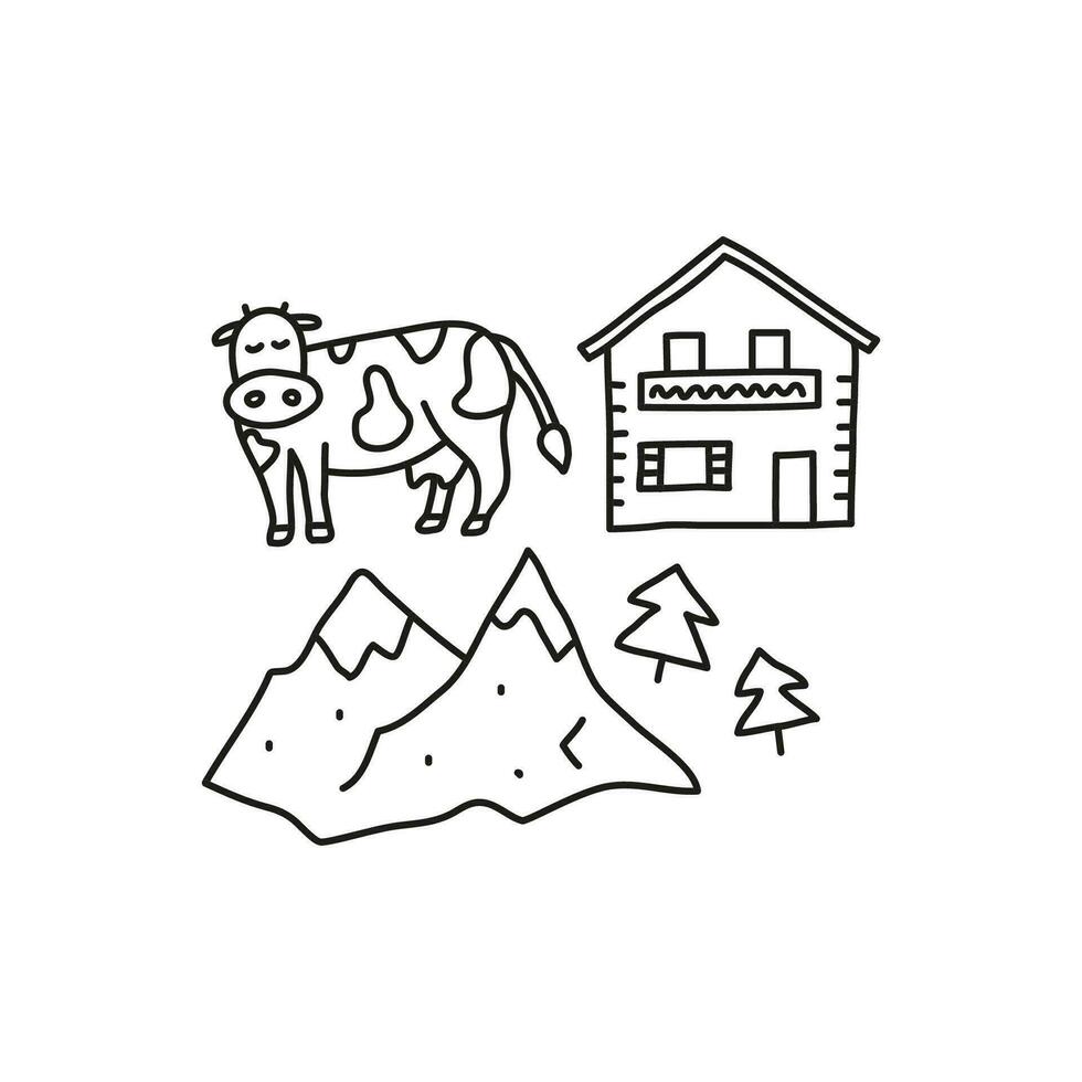Doodle Alpine mountains, fir trees, cow and house. vector