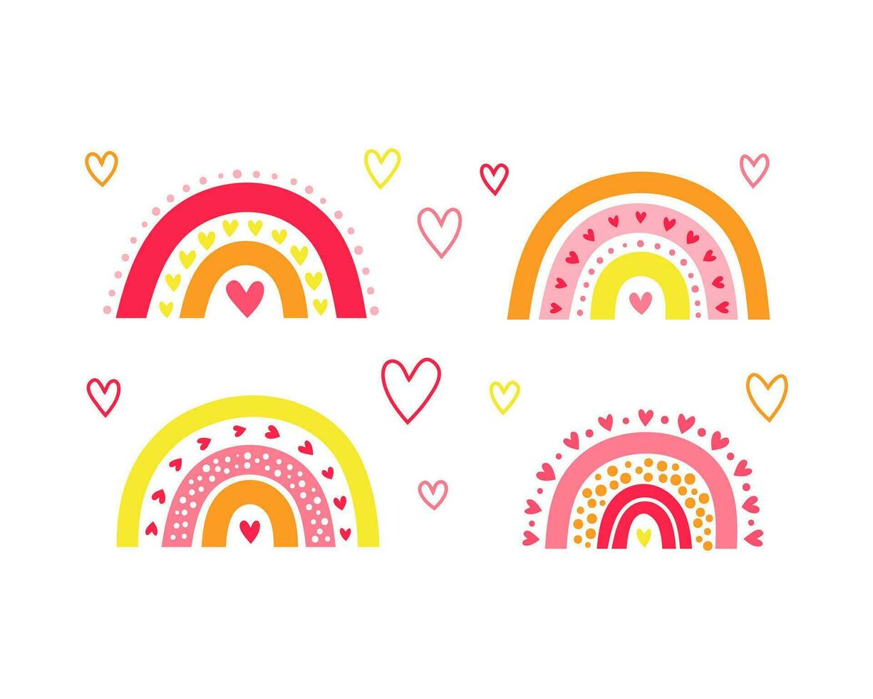Set of Scandinavian rainbows with hearts. vector