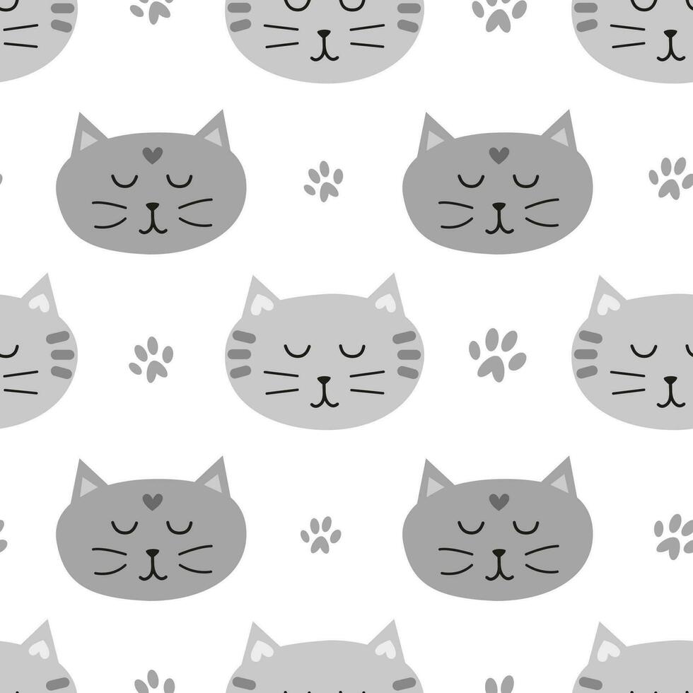 Seamless pattern with grey cat faces. vector