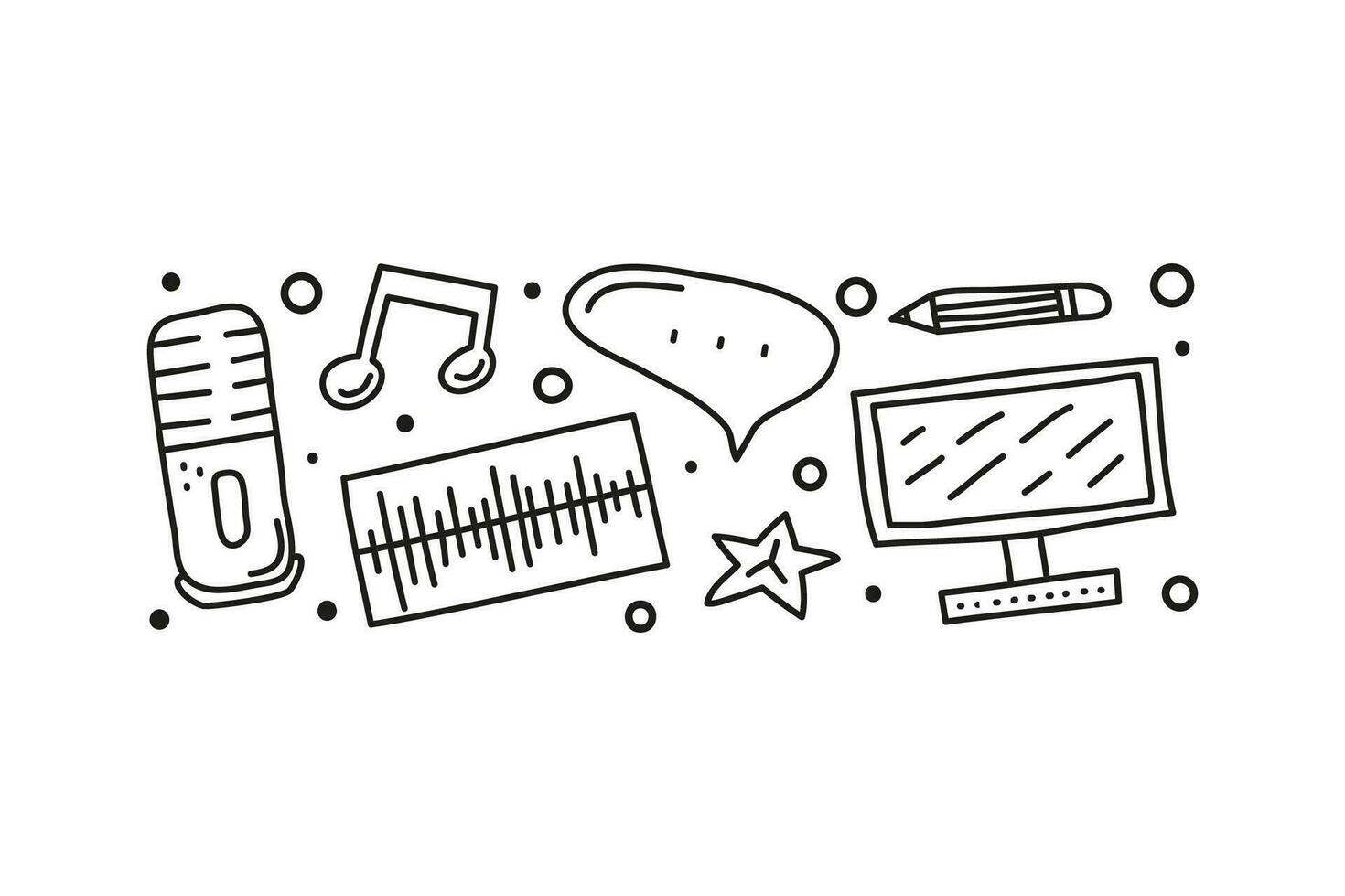 Group of doodle outline podcast icons. vector