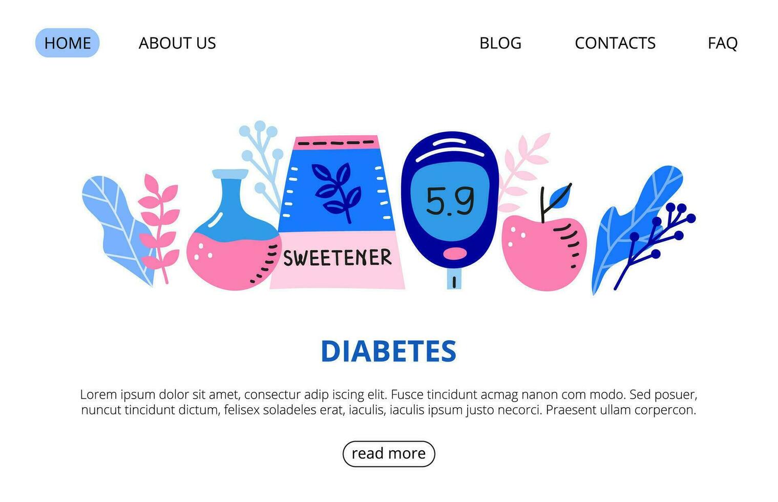 Web page template with big flask, glucometer, sweetener, apple, leaves. vector