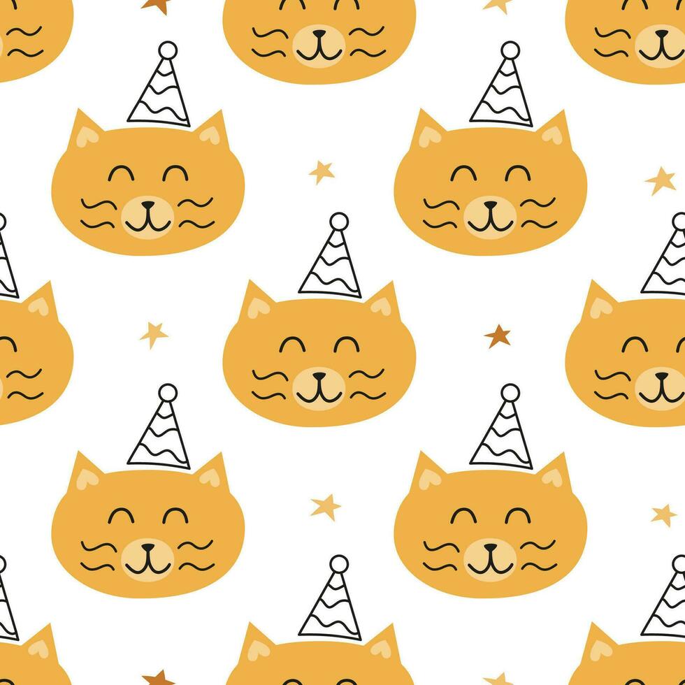 Seamless pattern with birthday cat faces. vector