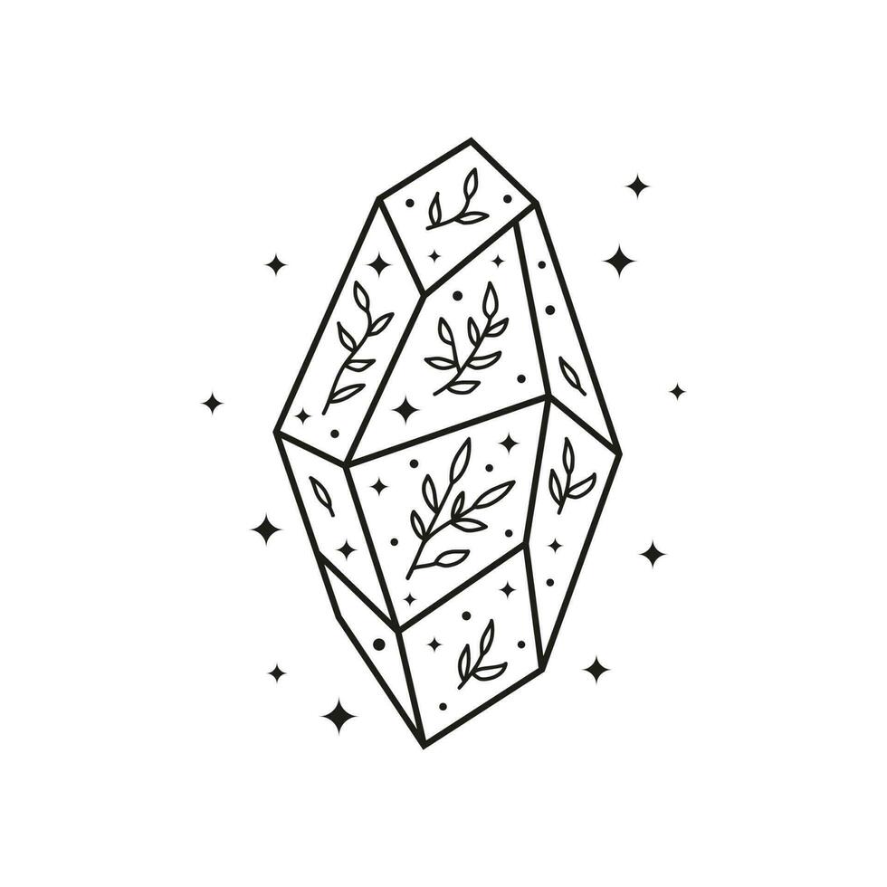 Hand drawn celestial crystal with leafy branches, stars and dots. vector
