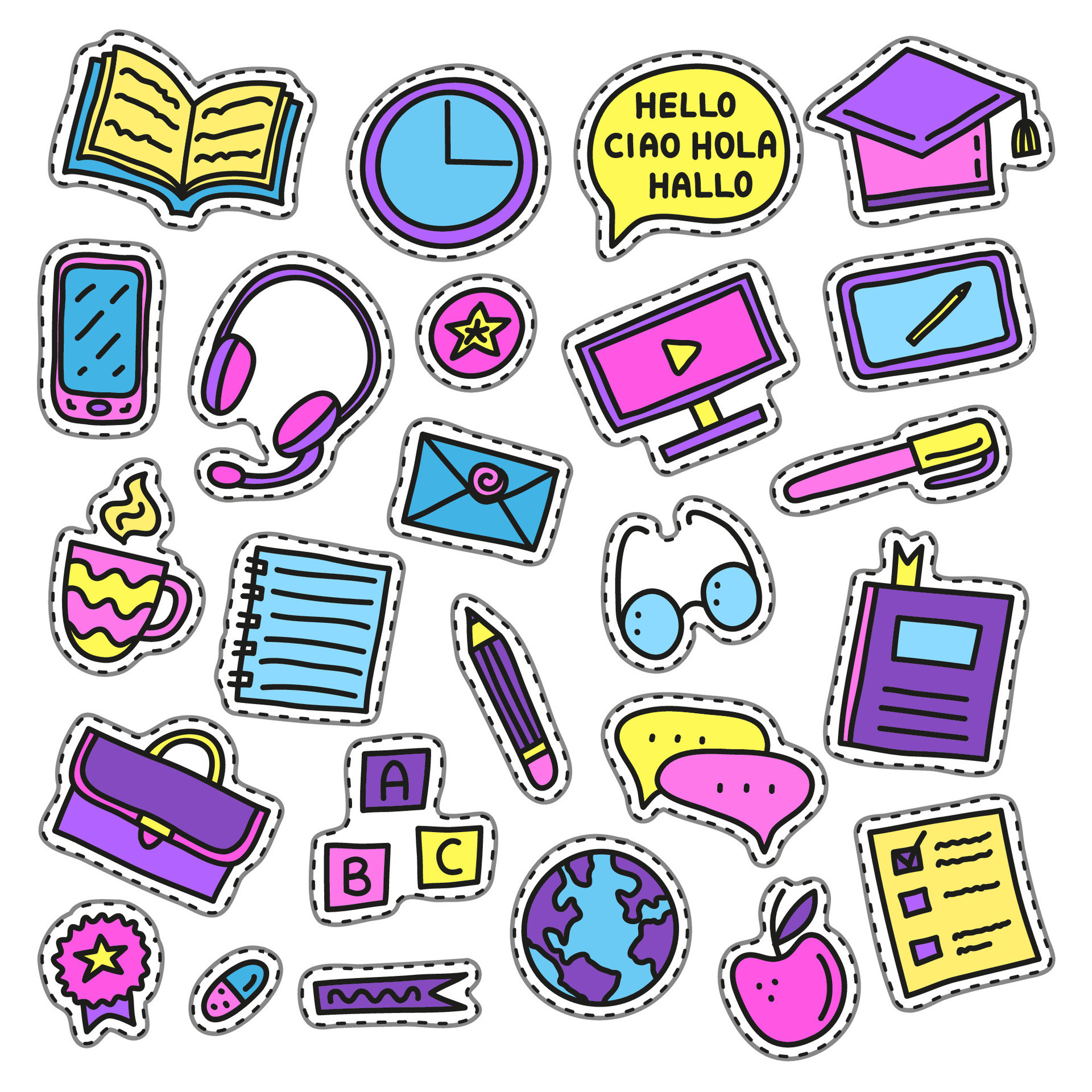 Set of language courses doodle stickers. 25384469 Vector Art at Vecteezy