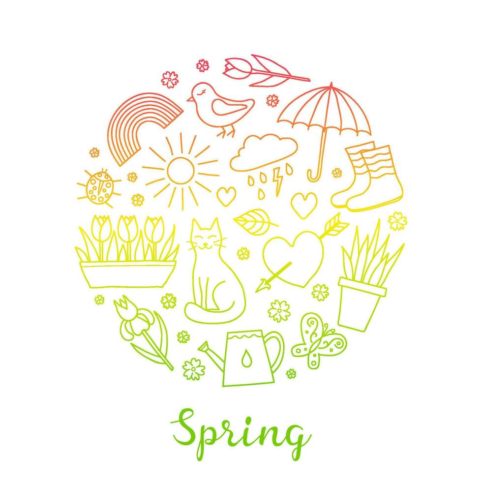 Hand drawn spring items in circle. vector