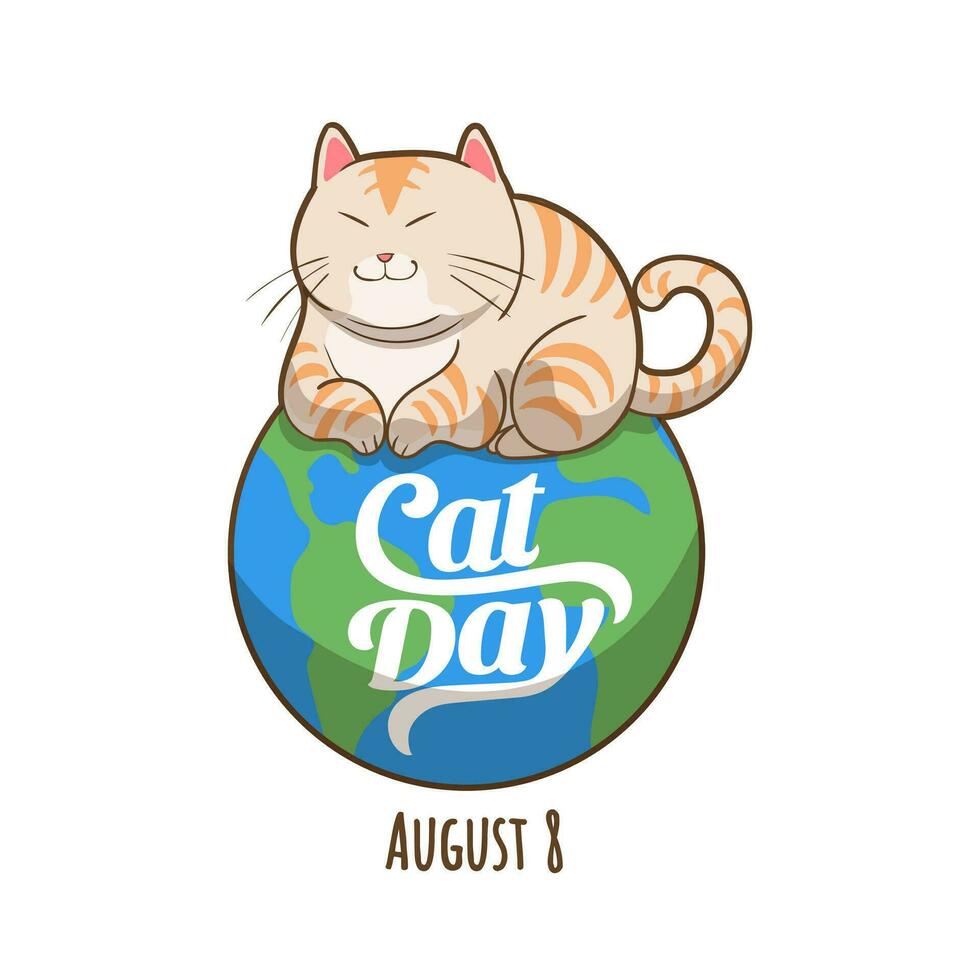 sencillo internacional gato día bandera con mano dibujado gato ilustración en parte superior de globo y caligrafía título vector