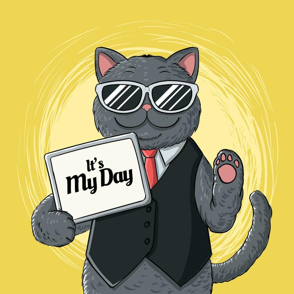 sencillo internacional gato día bandera con mano dibujado sonriente gato vistiendo Dom lentes participación tableta ilustración vector