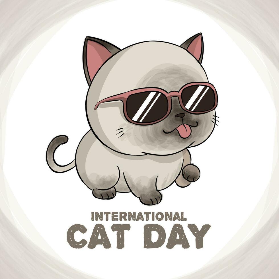 Simple International Cat Day Banner With Hand Drawn Siamese Cat Wearing Sun Glasses Illustration vector