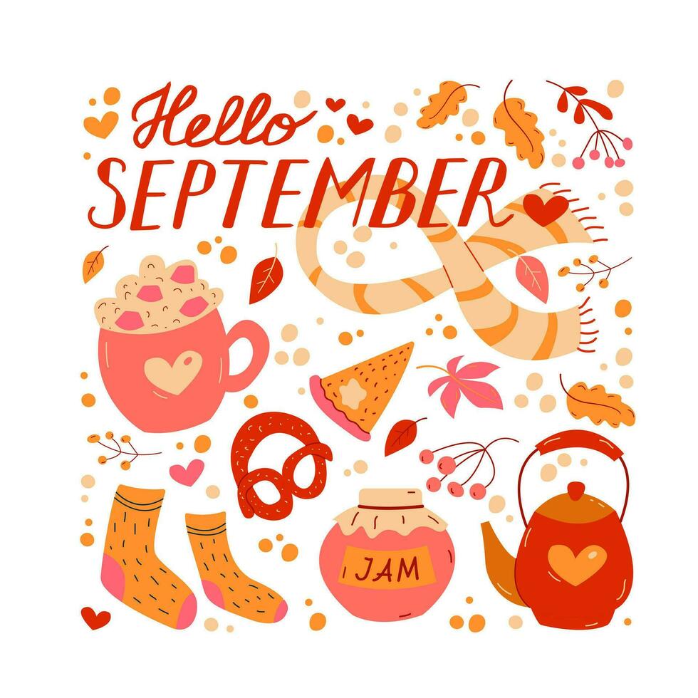 Card with Hello september and cozy autumn elements vector