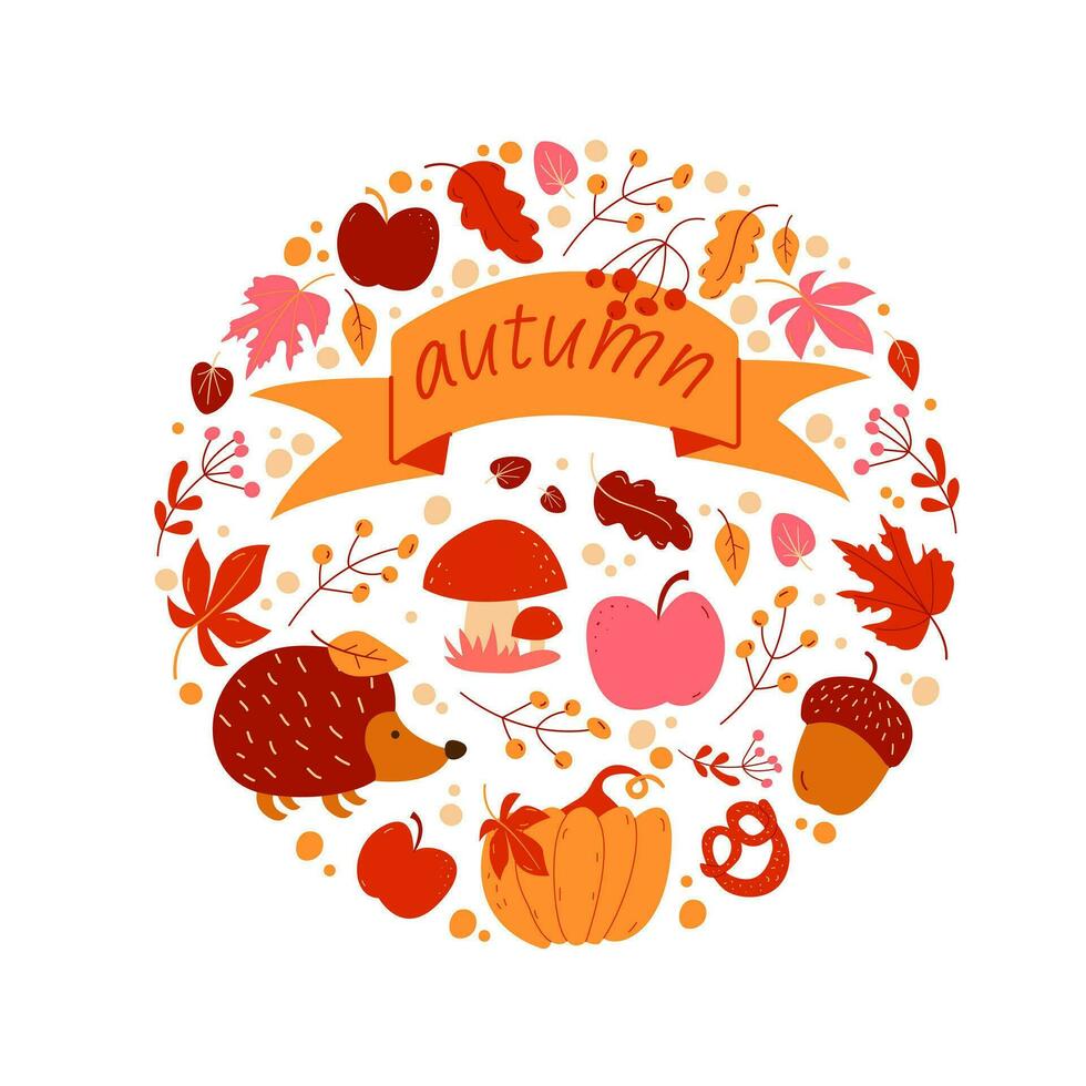 Autumn illustration with mushroom, apple, acorn, pumpkin, hedgehog and leaves. vector