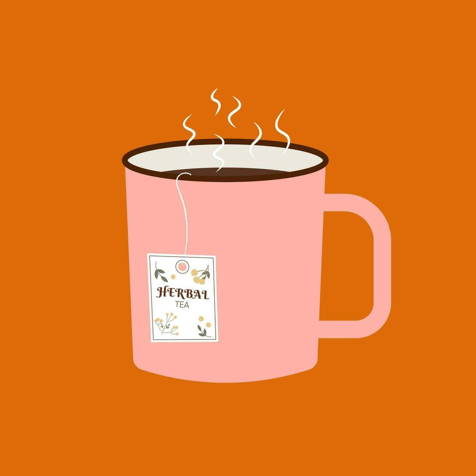 Retro cup with black tea and tea bag inside. Hot black tea vector