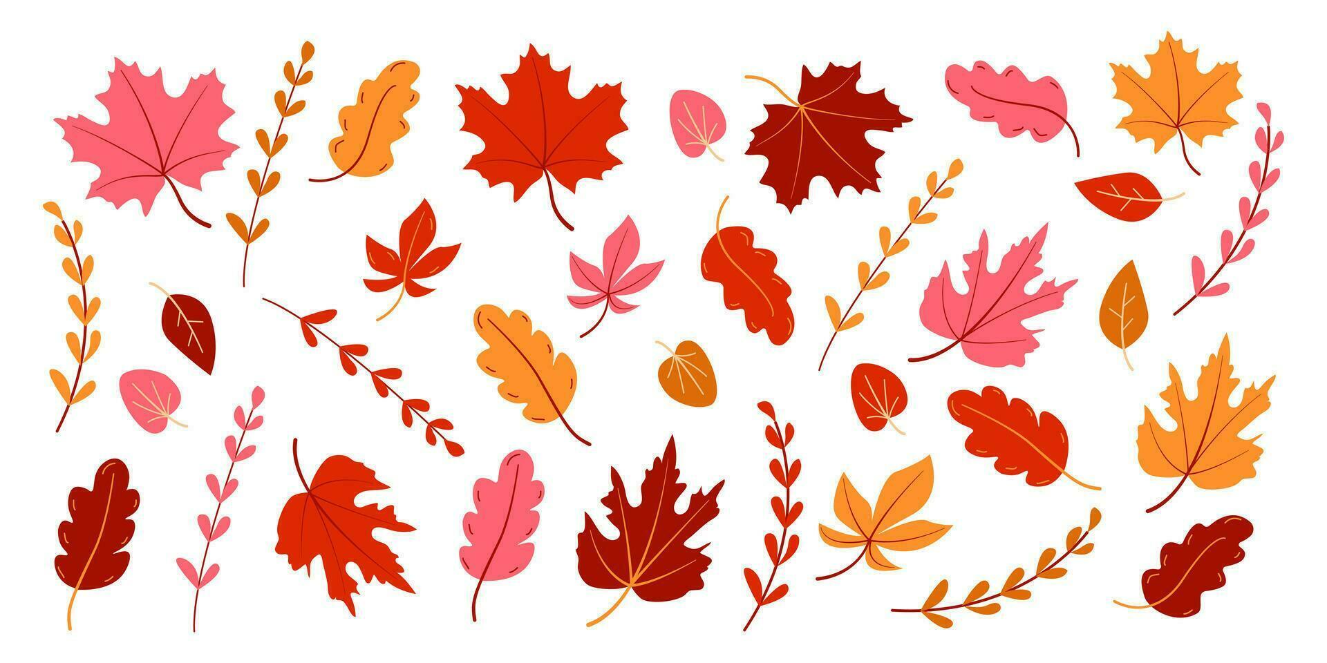 Large set of leaves and branches in autumn colors. Pink, brown and yellow vector