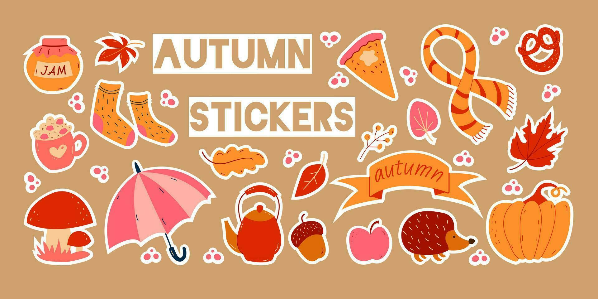 Autumn set of stickers, hand drawn elements- apple, jam, teapot, berries, marshmallow, pie, pumpkin. vector