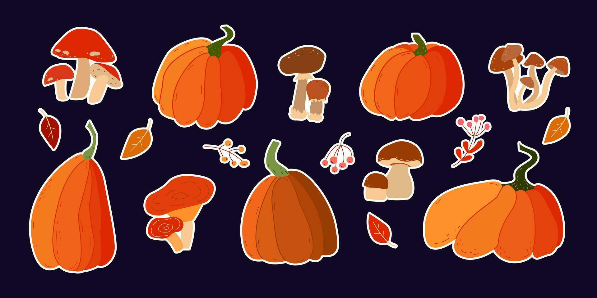 Autumn illustration set with mushrooms and pumpkins. Set of stickers. vector