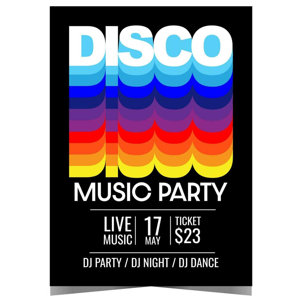 Disco music party vector illustration. Design template for dance club invitation, promo banner or poster, advertising flyer or leaflet with retro colored inscription on a black background.