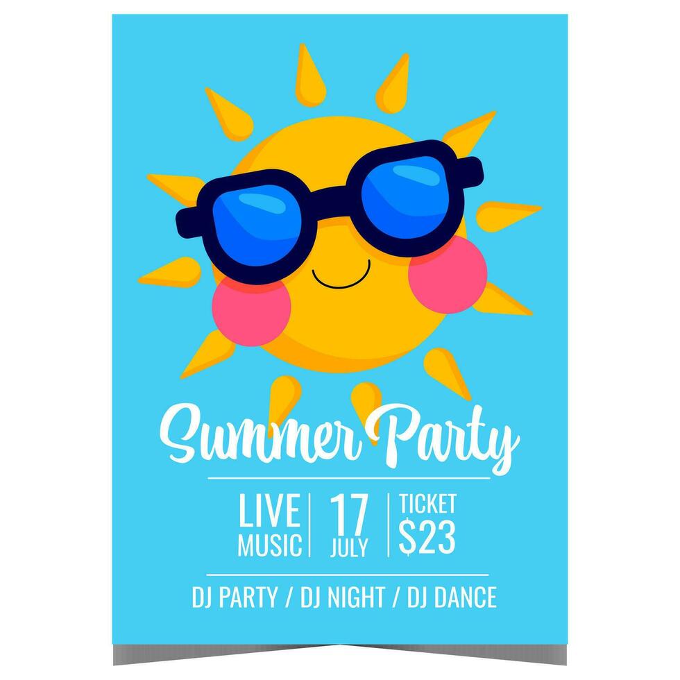 Summer party design template with happy smiling sun character in sunglasses. Vector illustration of summer party invitation banner or promo poster for tropical vacation and exotic holiday leisure.