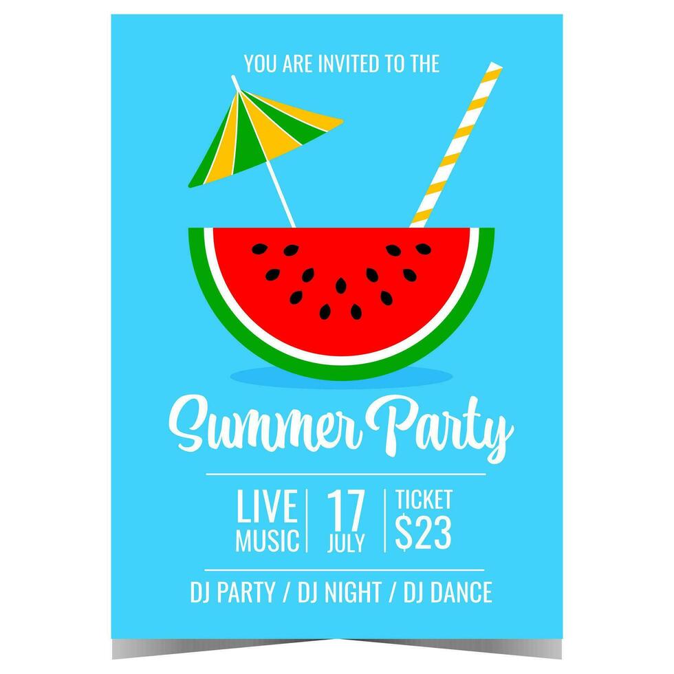 Summer party invitation banner or promo poster for holiday and vacation leisure time with friends and family. Vector illustration with drinking straw, cocktail umbrella and slice of watermelon.
