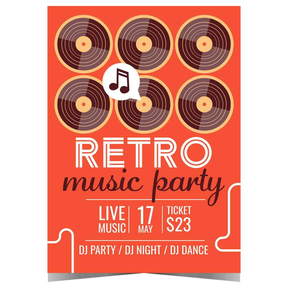 Retro music party promo poster or invitation banner with vinyl records on background. Vector illustration for disco dance retro party with live music and DJ suitable for nostalgic old school event.