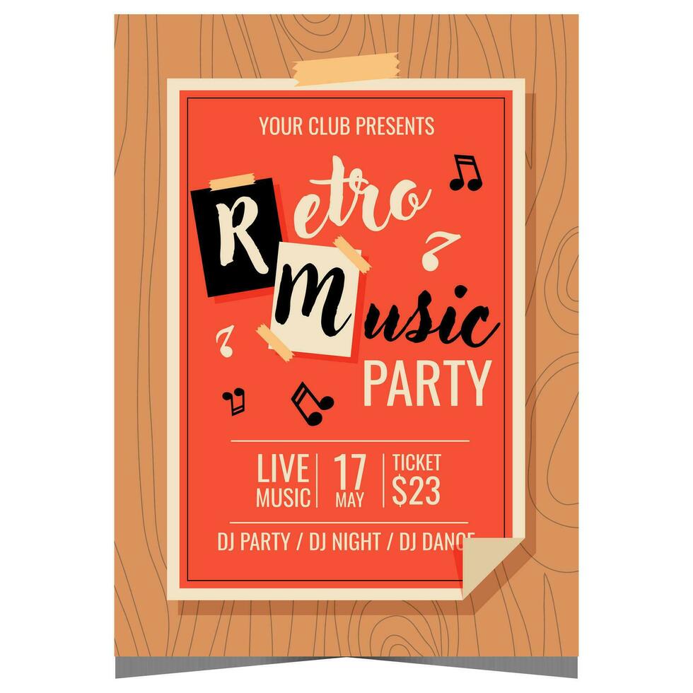 Retro music party original vintage banner or invitation poster. Vector illustration for nostalgic concert of retro stars and celebrities, to invite and celebrate together with friends and family.