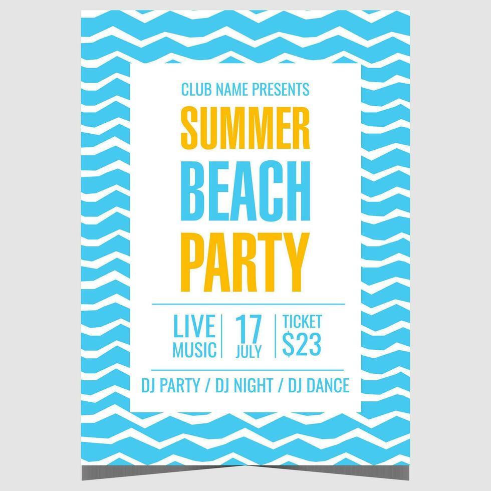 Summer beach party design with sea waves on the background. Vector illustration of summer beach party poster, banner or invitation flyer for exotic tropical vacation with friends and family.