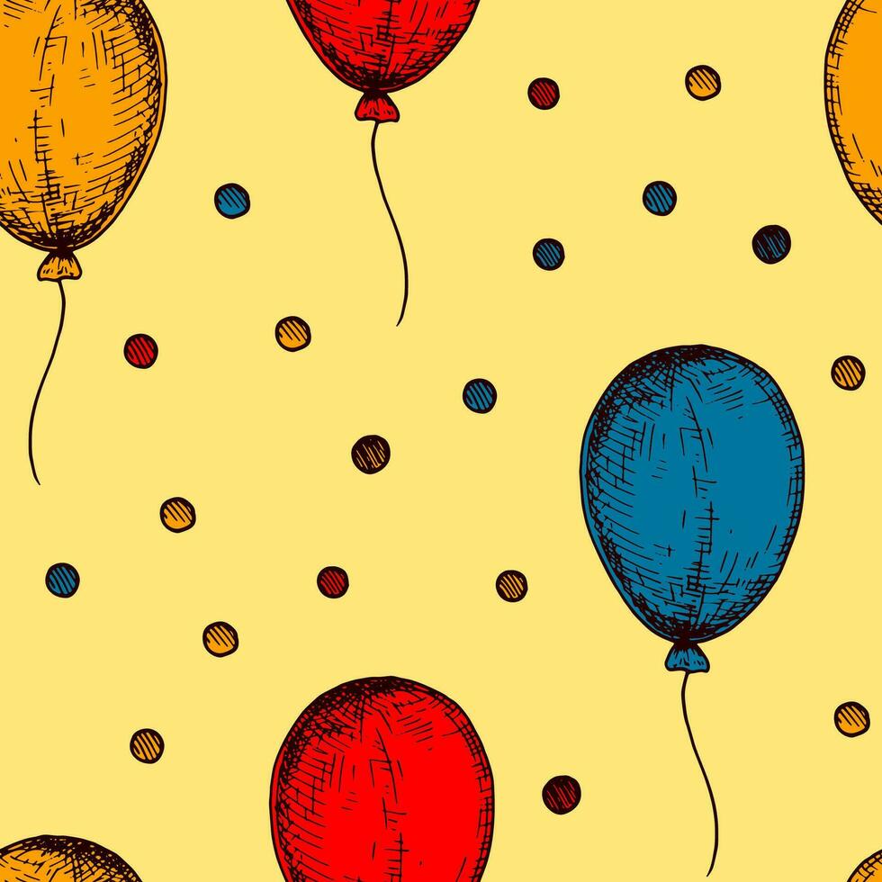 Balloon seamless pattern. Colorful hand drawn background in sketch style. Birthday celebration design. Vector illustration. Design for holiday event, carnival invitation, greeting card