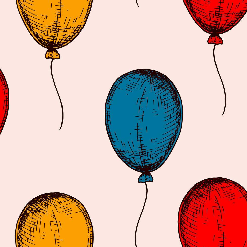Balloon seamless pattern. Colorful hand drawn background in sketch style. Birthday celebration design. Vector illustration. Design for holiday event, carnival invitation, greeting card